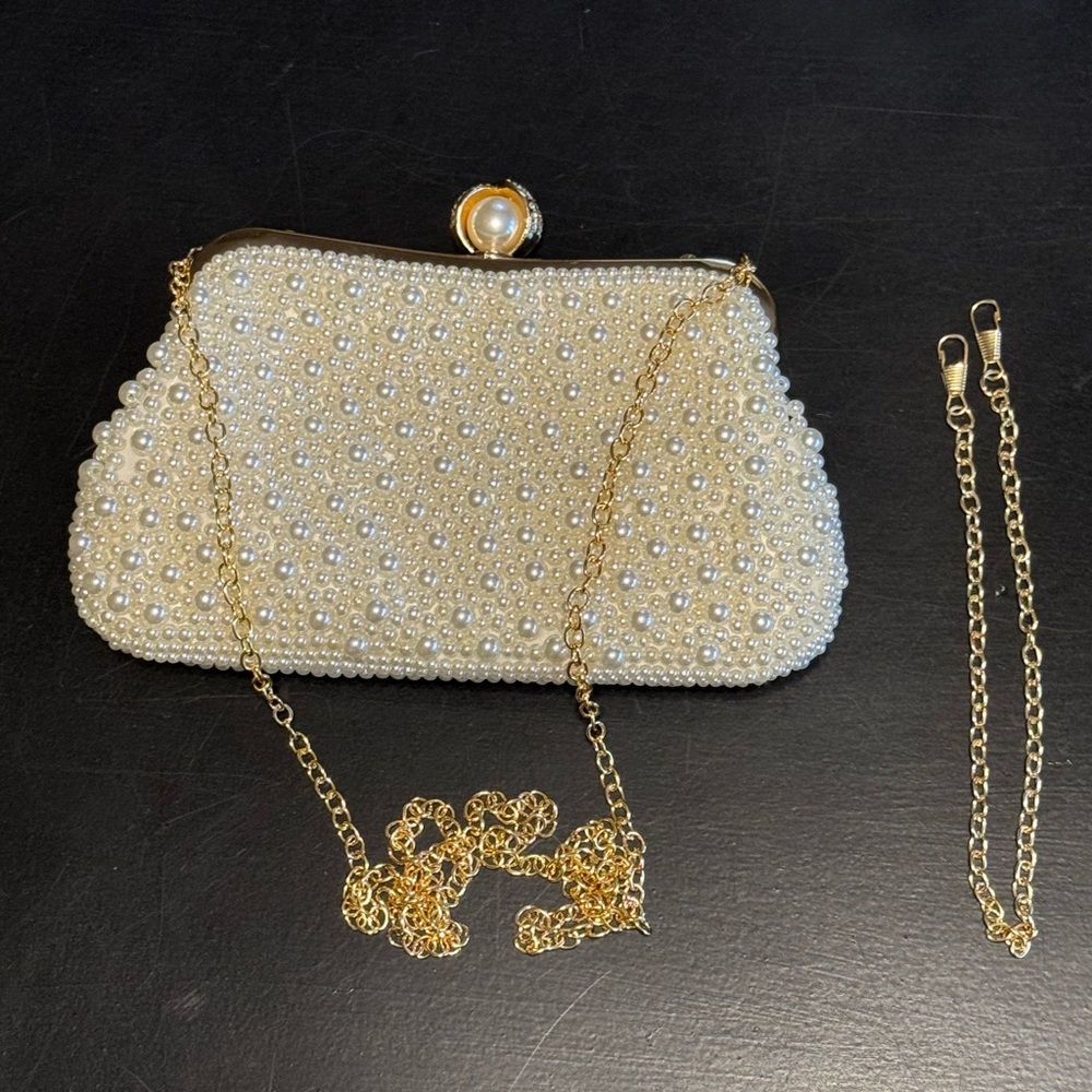 Pearl-Studded Clutch with Gold Chain